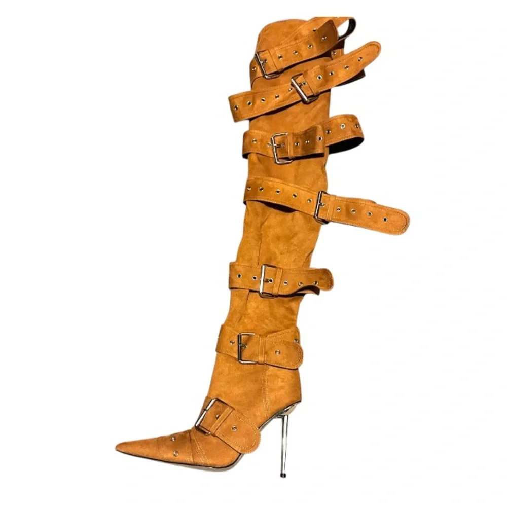 Over The Knee Suede Pointy Stiletto Boots w/ Buckles CALECHIE  New without Tags